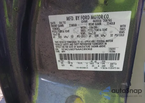 2010 Ford Escape Xlt from USA, damaged, VIN 1FMCU9D79AKC89362